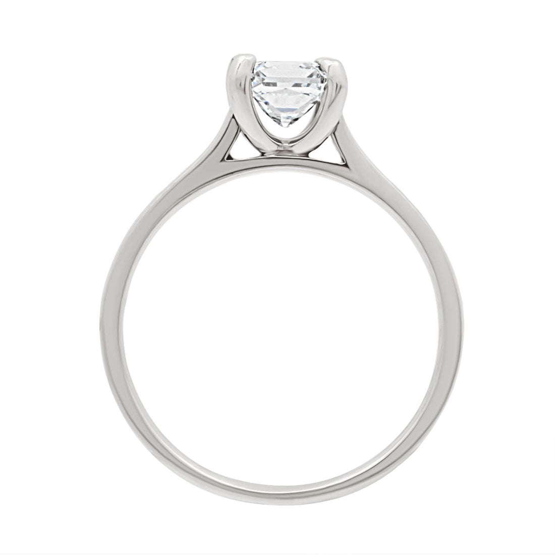 Princess cut engagement ring in platinum standing upright