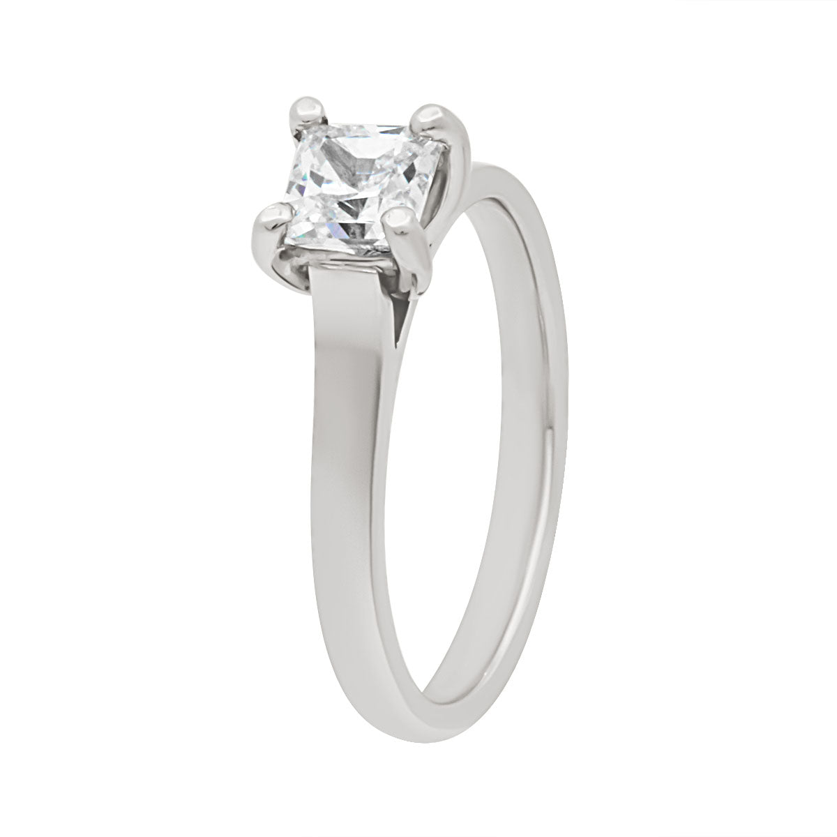 Princess cut engagement ring in platinum at an angle