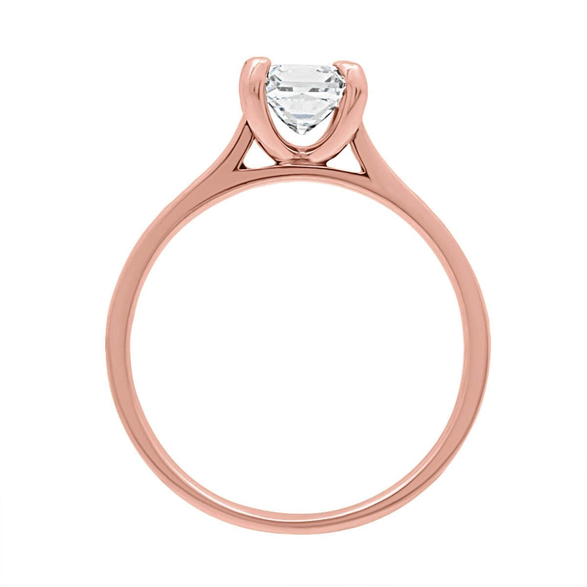 Princess cut engagement ring in rose gold in an upright position