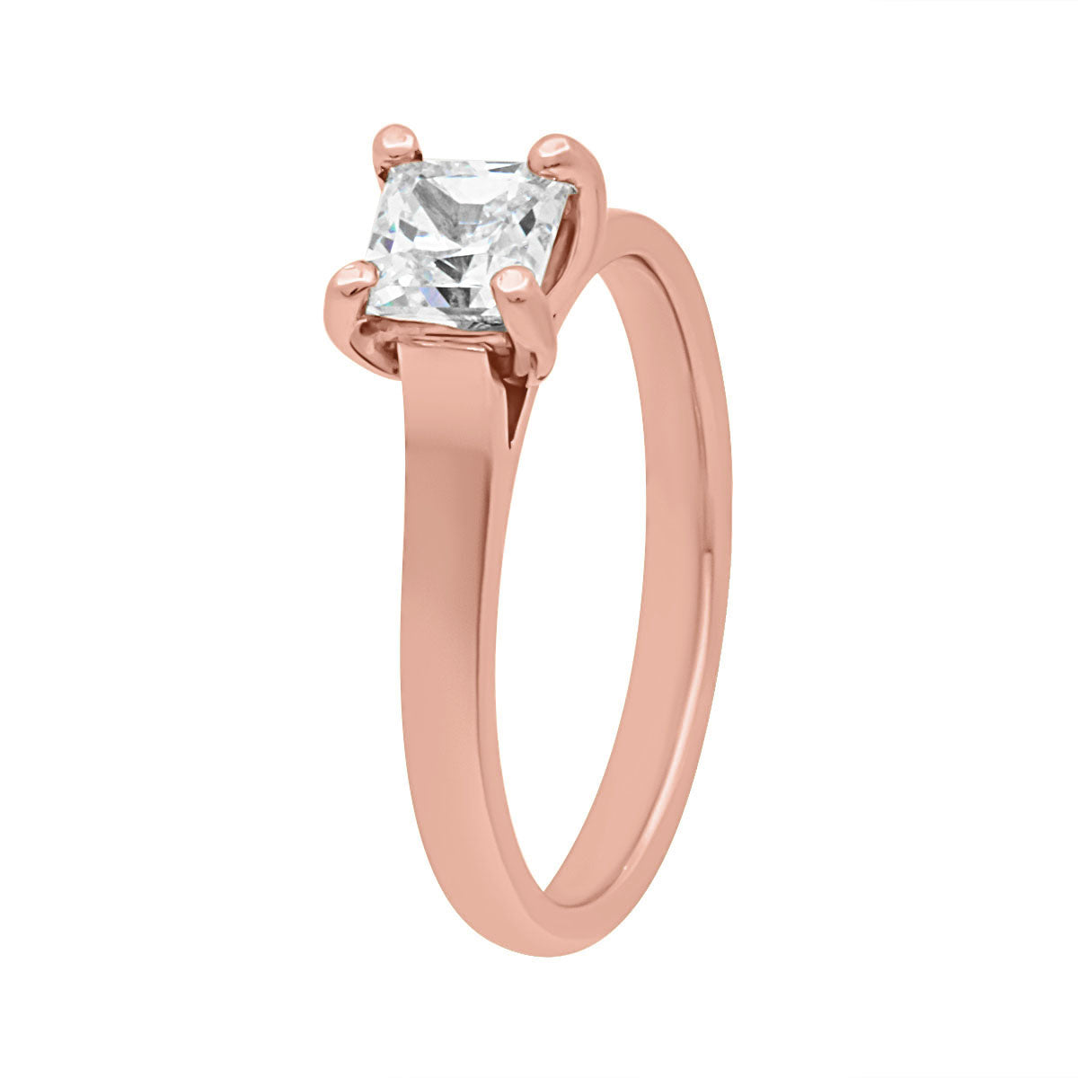 Princess cut engagement ring in rose gold standing upright at an angle