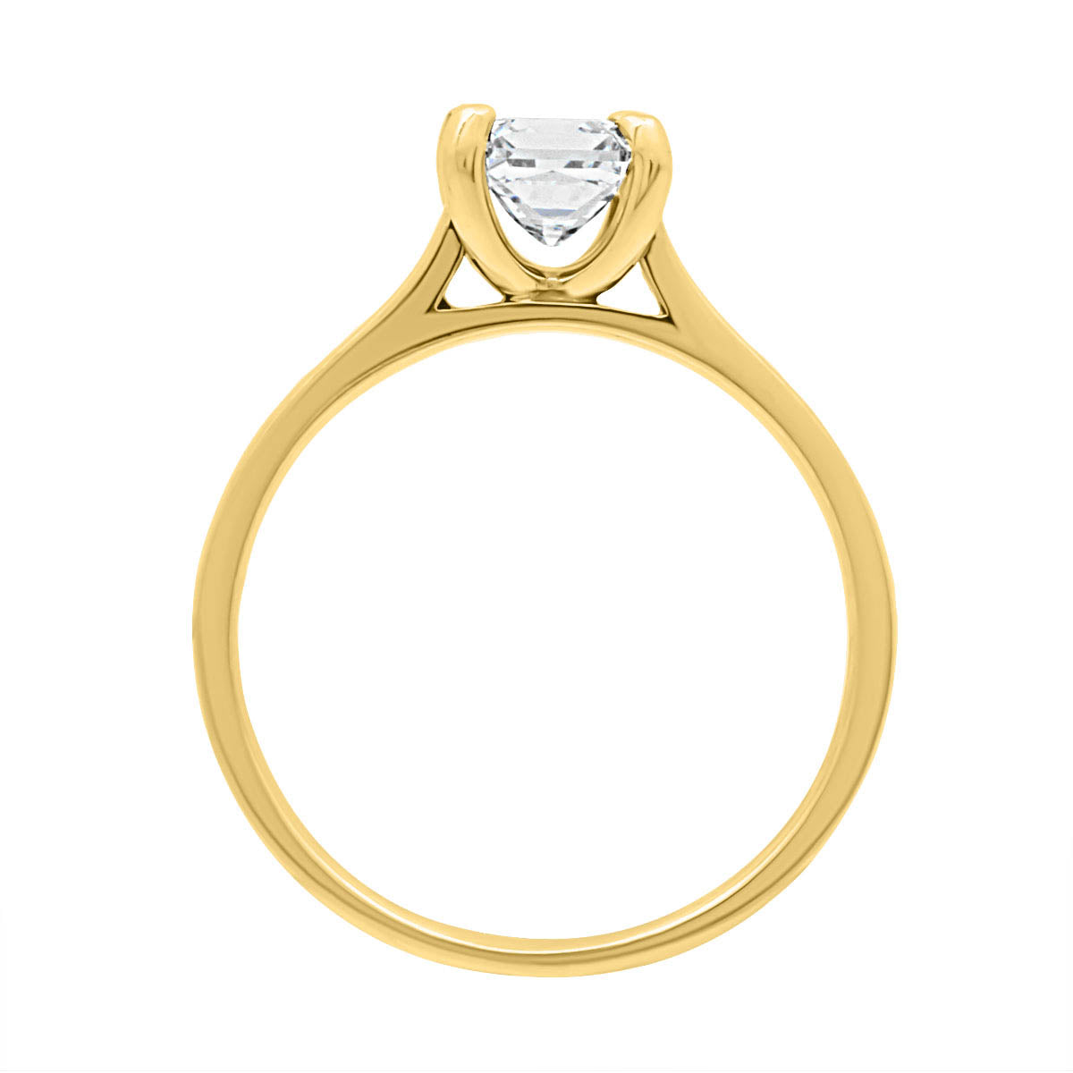 Princess cut engagement ring in yellow gold in an upright position