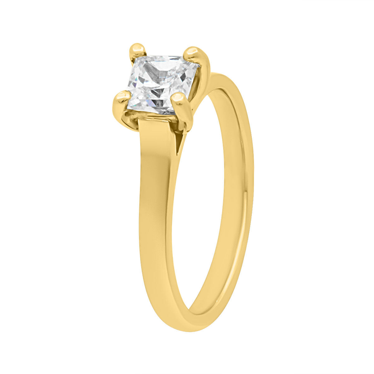 Princess cut engagement ring in yellow gold at an angle