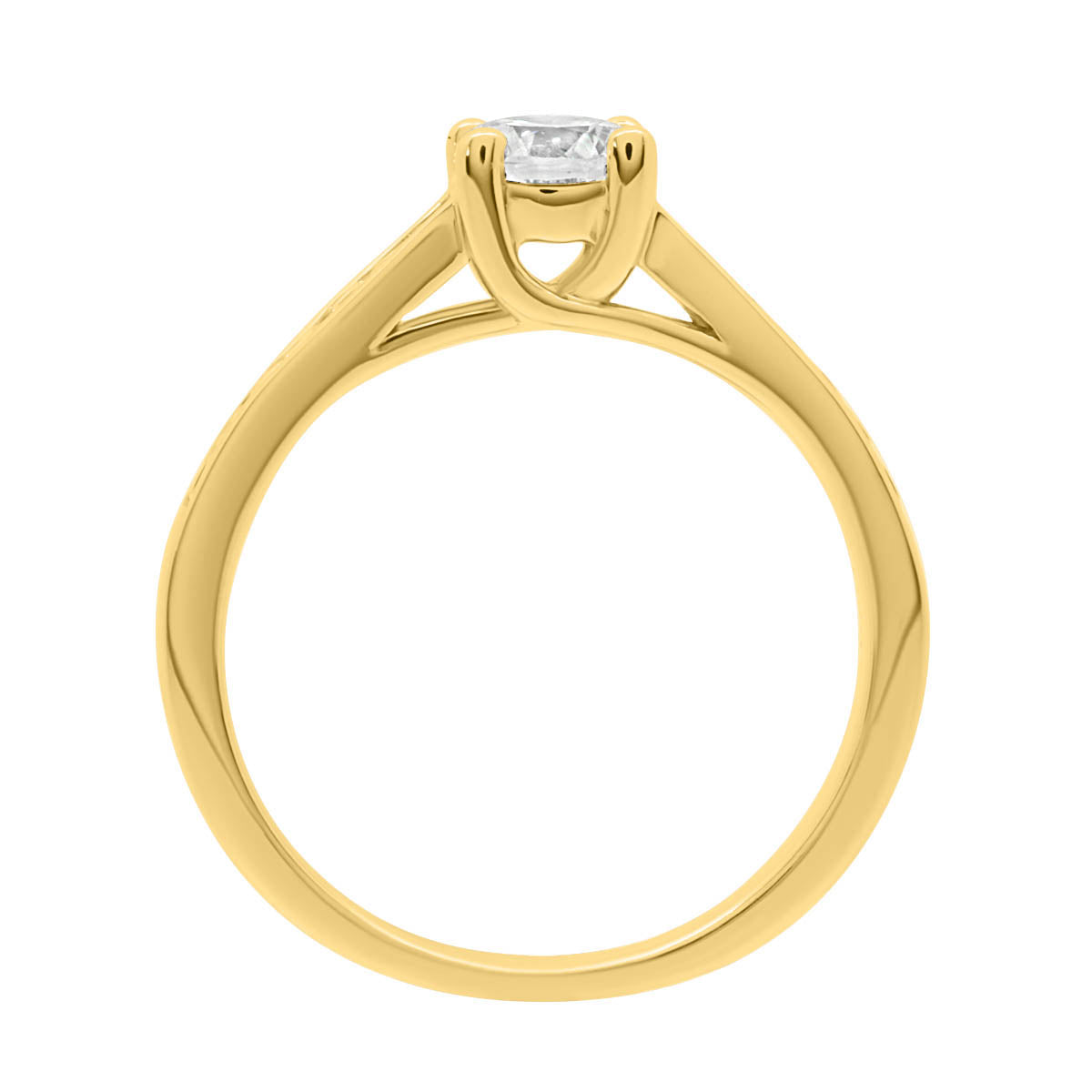 Round Diamond with Channel Set Princess Cut Diamonds in yellow gold standing upright