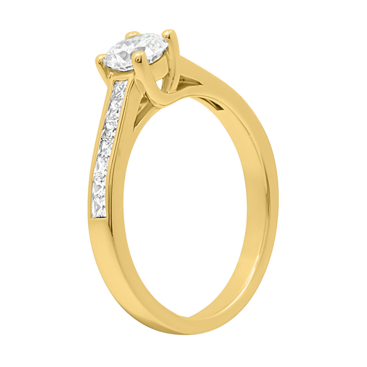 Round Diamond with Channel Set Princess Cut Diamonds in yellow gold from angled view