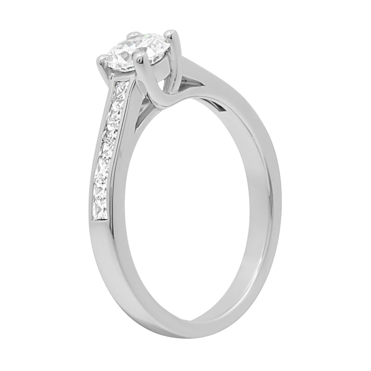 Round Diamond with Channel Set Princess Cut Diamonds in platinum in angled view