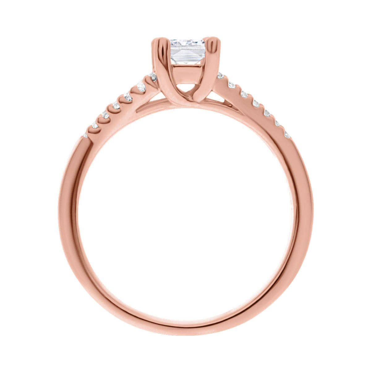 Radiant Cut Diamond Ring in rose gold standing upright