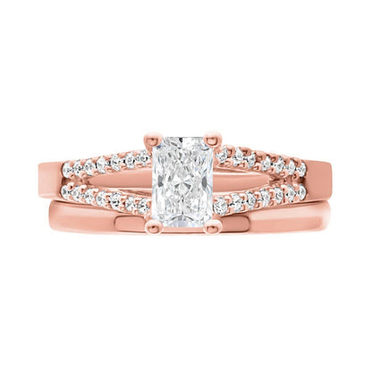 Radiant Cut Diamond Ring in rose gold with a matching plain wedding ring
