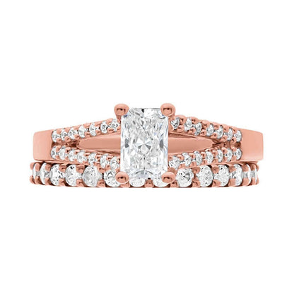 Radiant Cut Diamond Ring in rose gold with a matching diamond set wedding ring