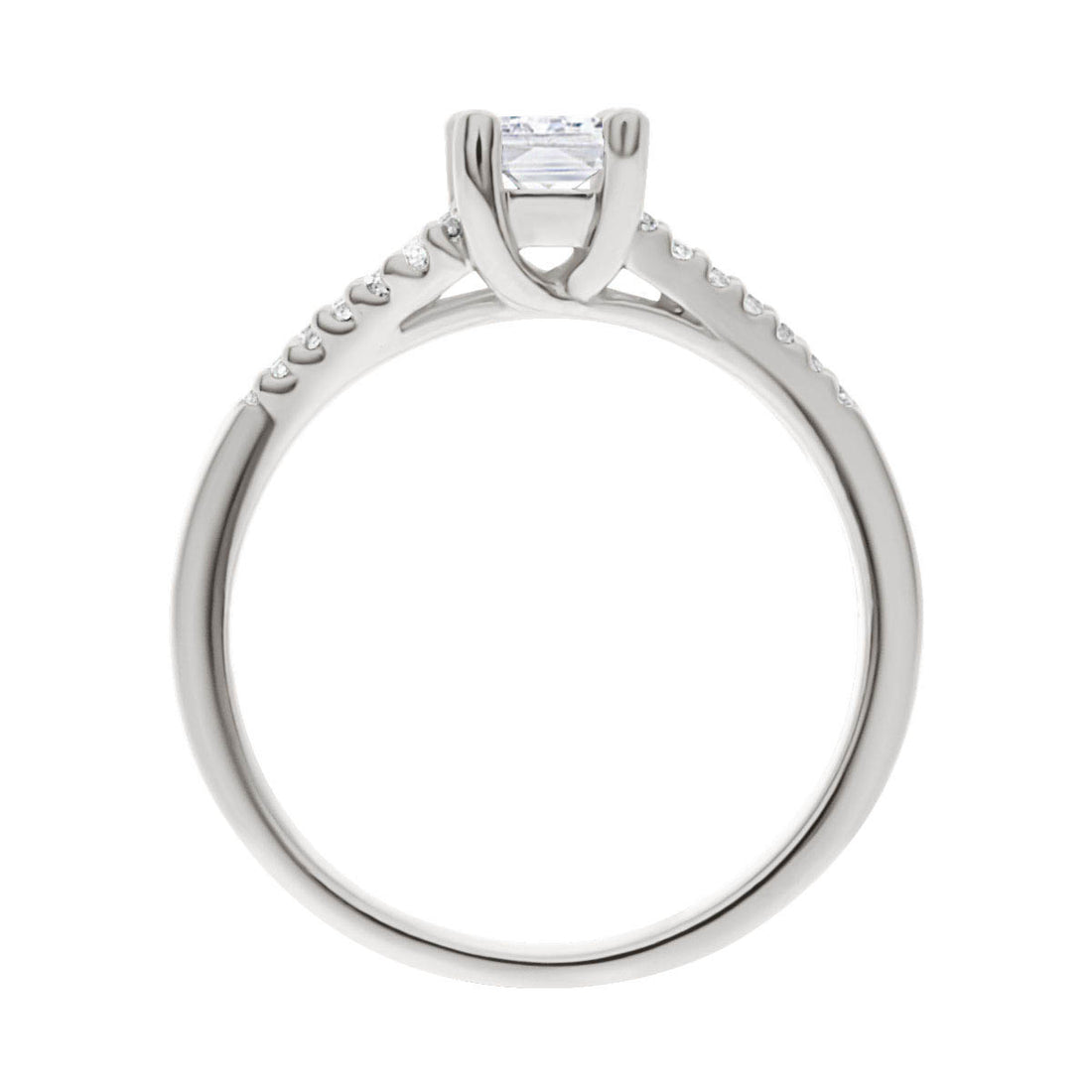 Radiant Cut Diamond Ring in white gold standing upright