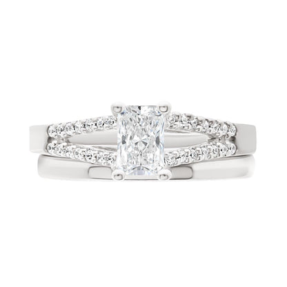 Radiant Cut Diamond Ring in white gold with a matching plain wedding ring