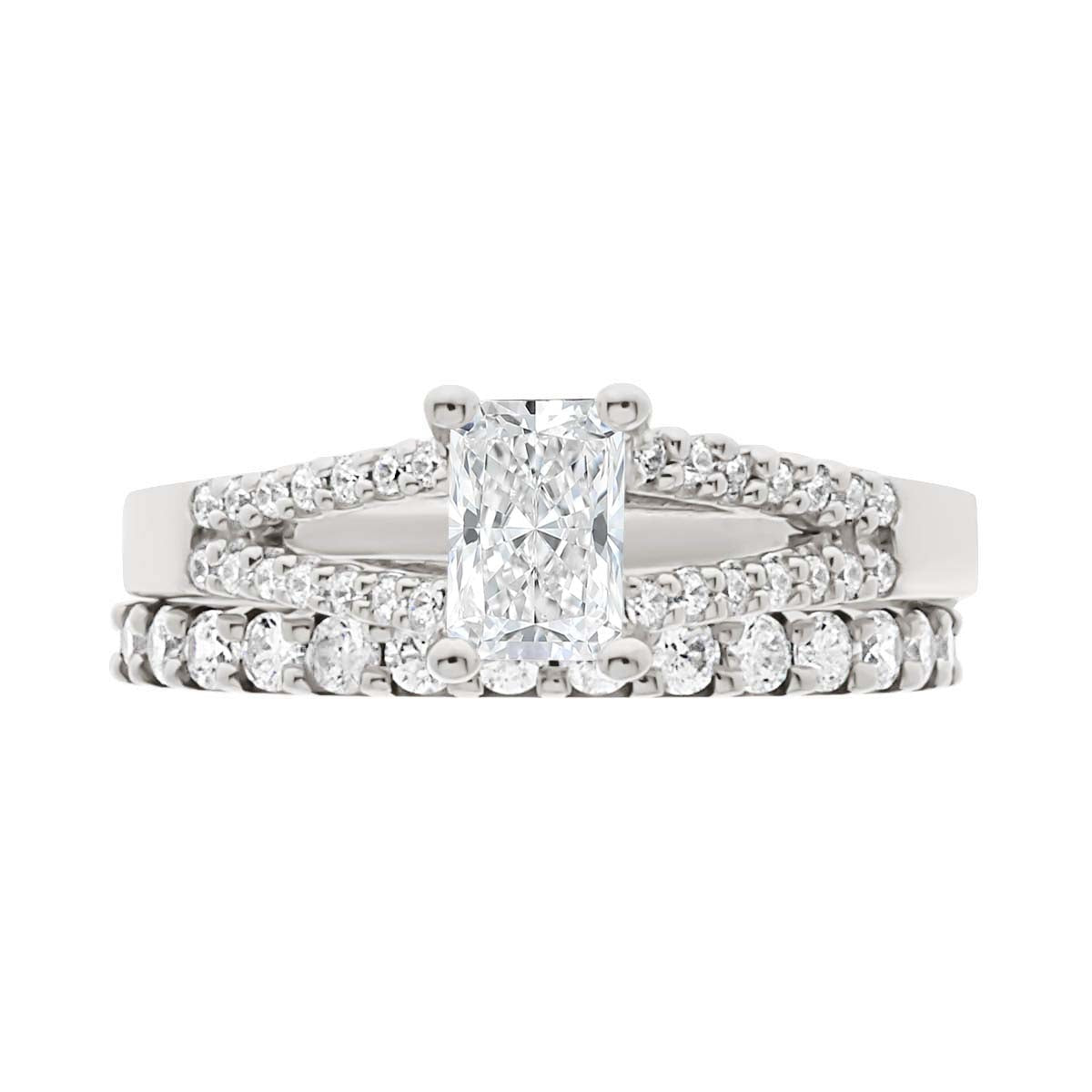 Radiant Cut Diamond Ring in white gold with a matching diamond wedding ring