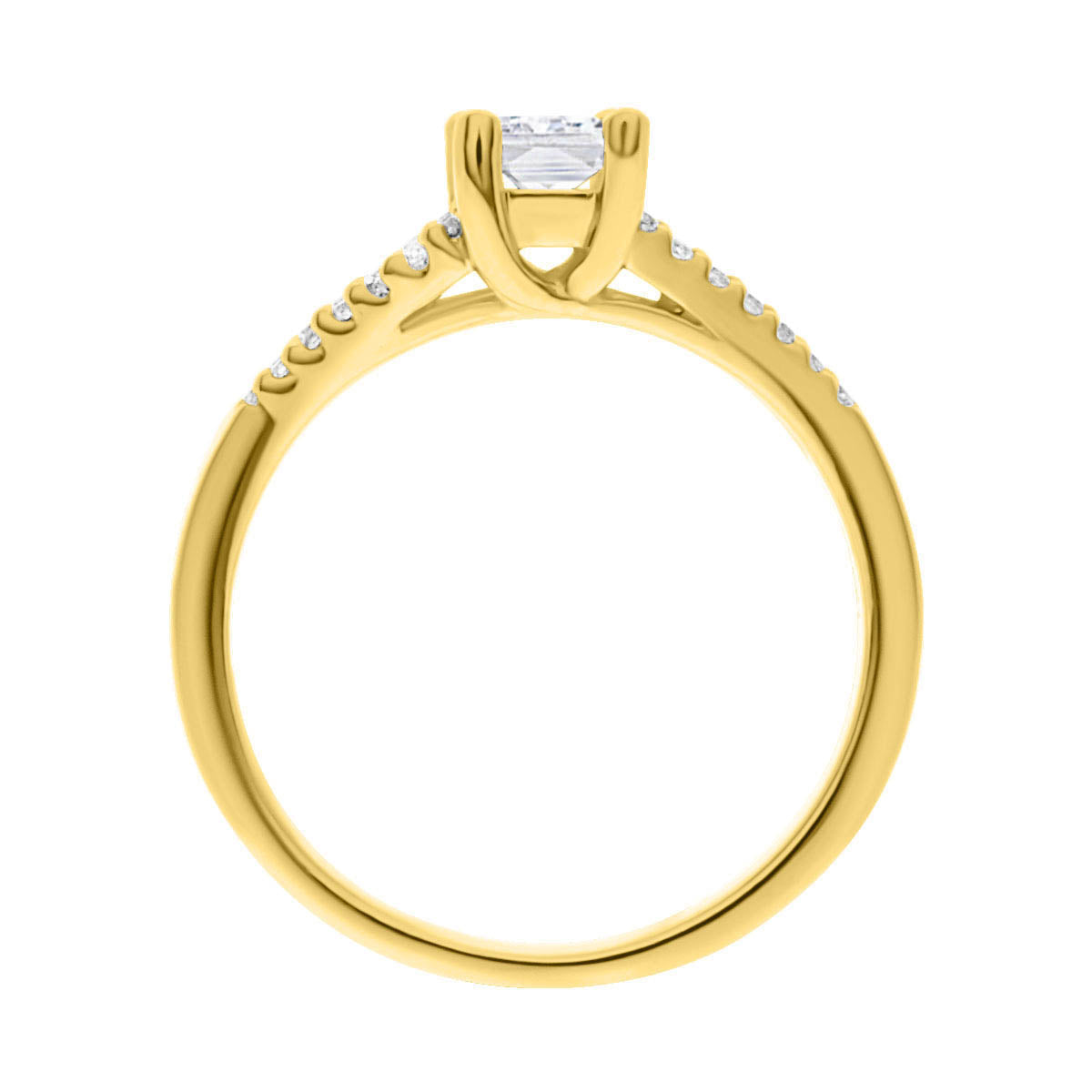 Radiant Cut Diamond Ring in yellow gold standing upright