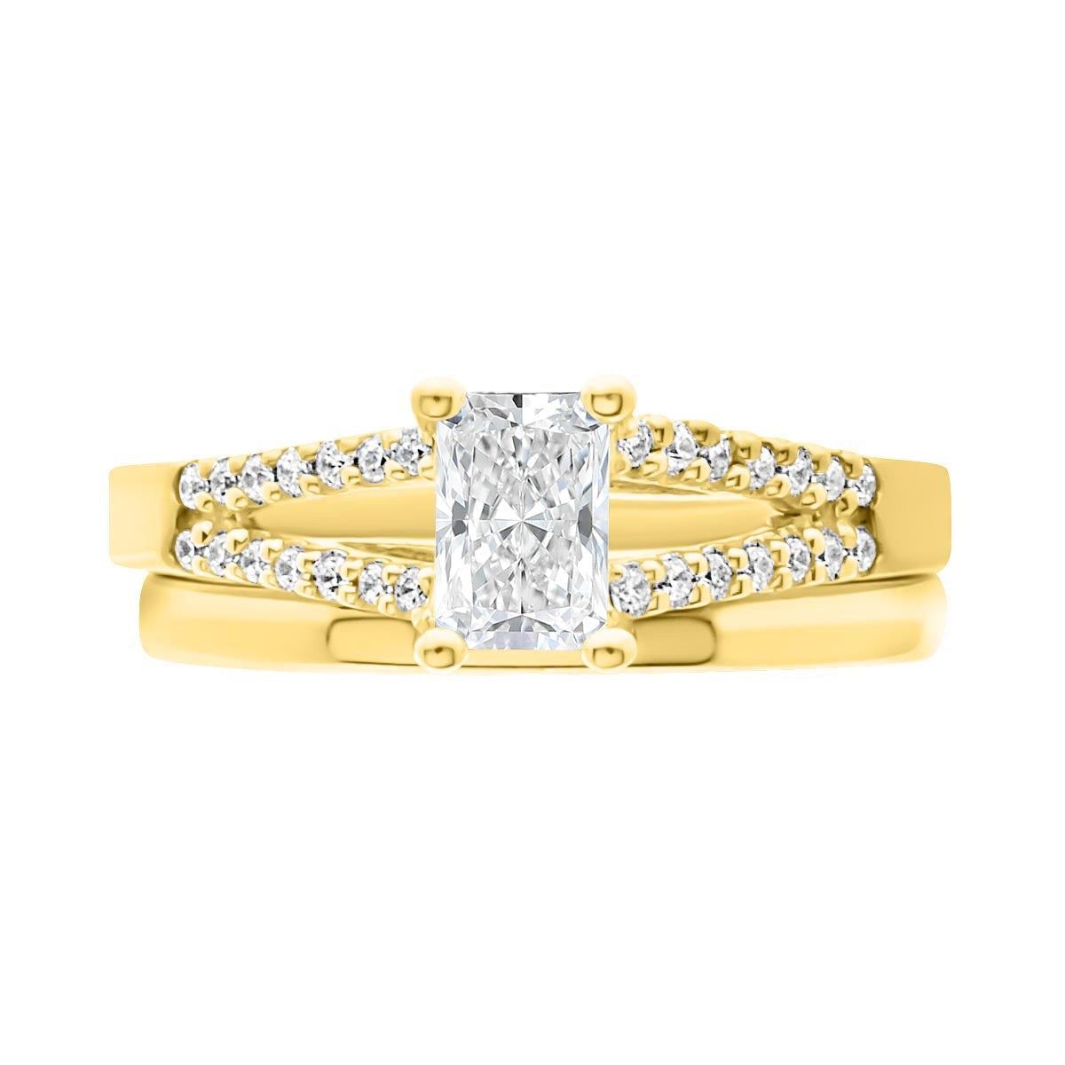 Radiant Cut Diamond Ring in yellow gold with a matching yellow gold plain wedding ring