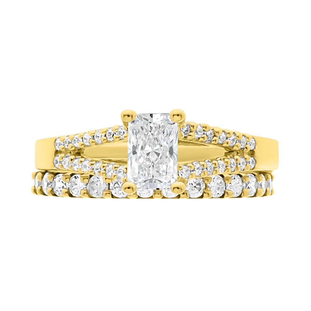 Radiant Cut Diamond Ring in yellow gold with a matching diamond set wedding ring