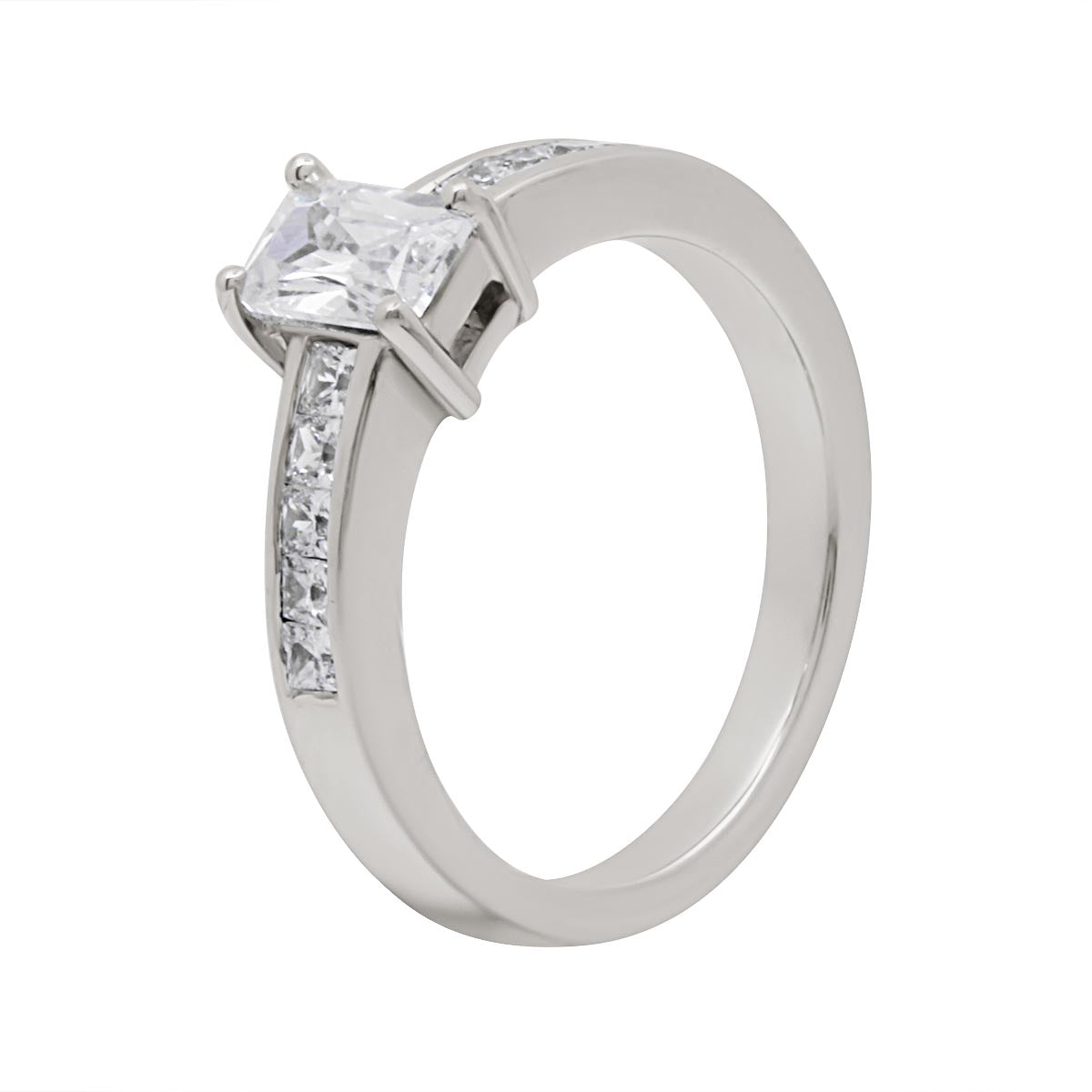 Radiant Cut Engagement Ring IN PLATINUM angled diagonally 