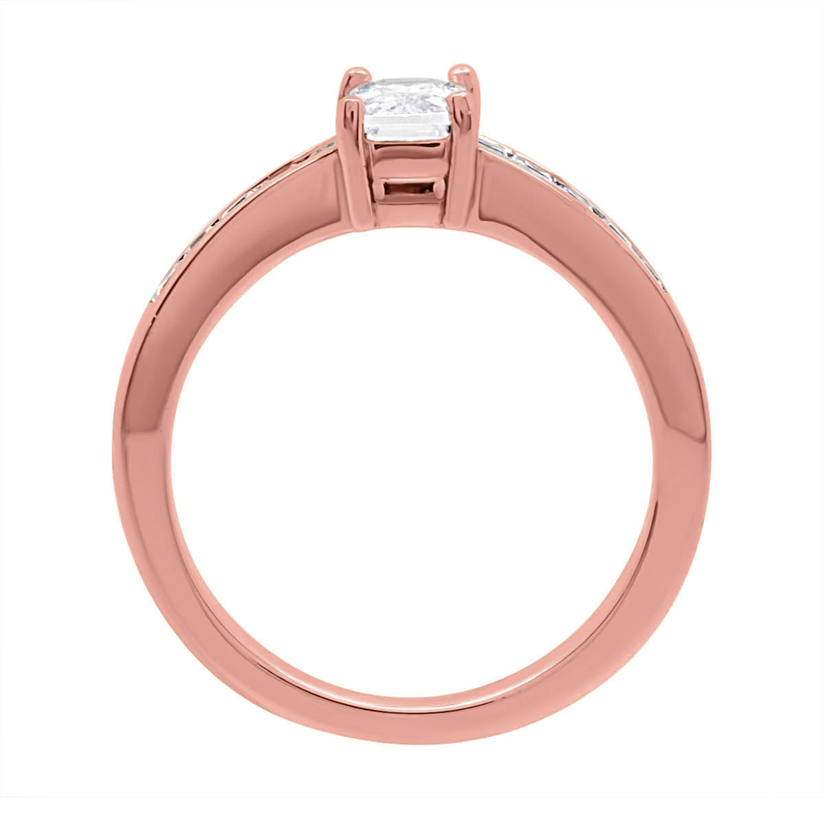 Radiant Cut Engagement Ring in rose gold standing upright