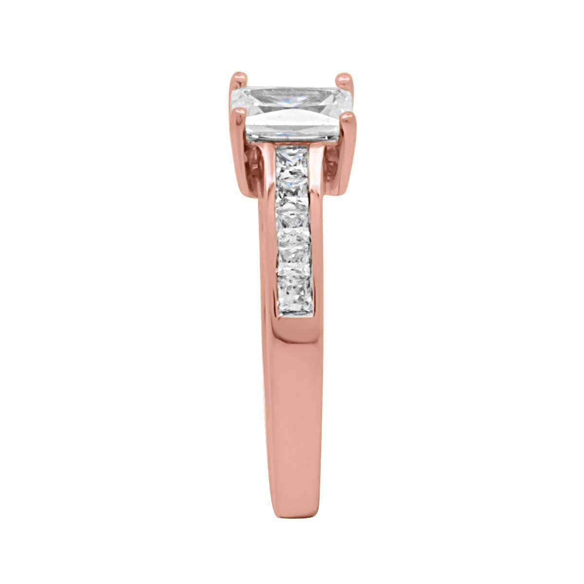 Radiant Cut Engagement Ring in rose gold from a standing side view