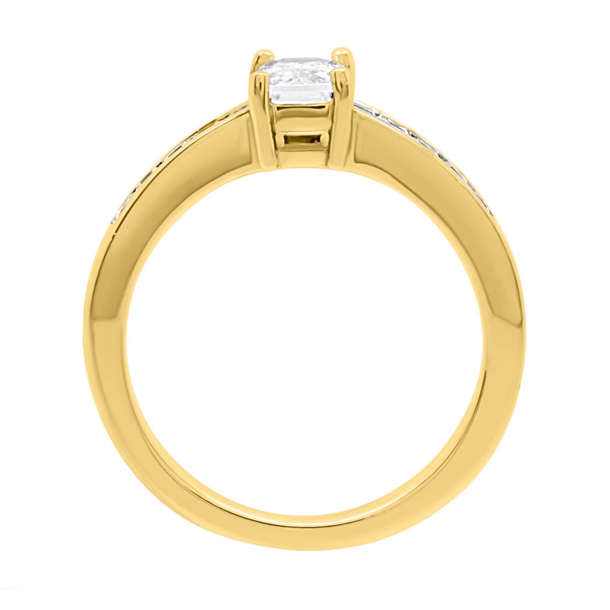 Radiant Cut Engagement Ring in yellow gold standing verticaly