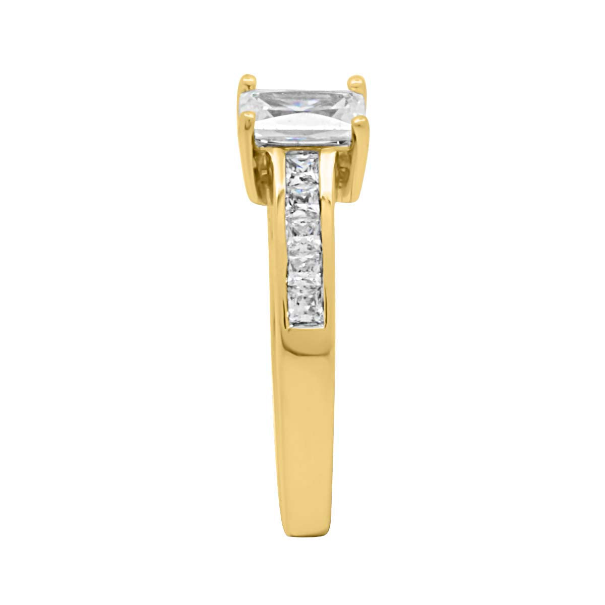 Radiant Cut Engagement Ring in yellow gold standing to an side view