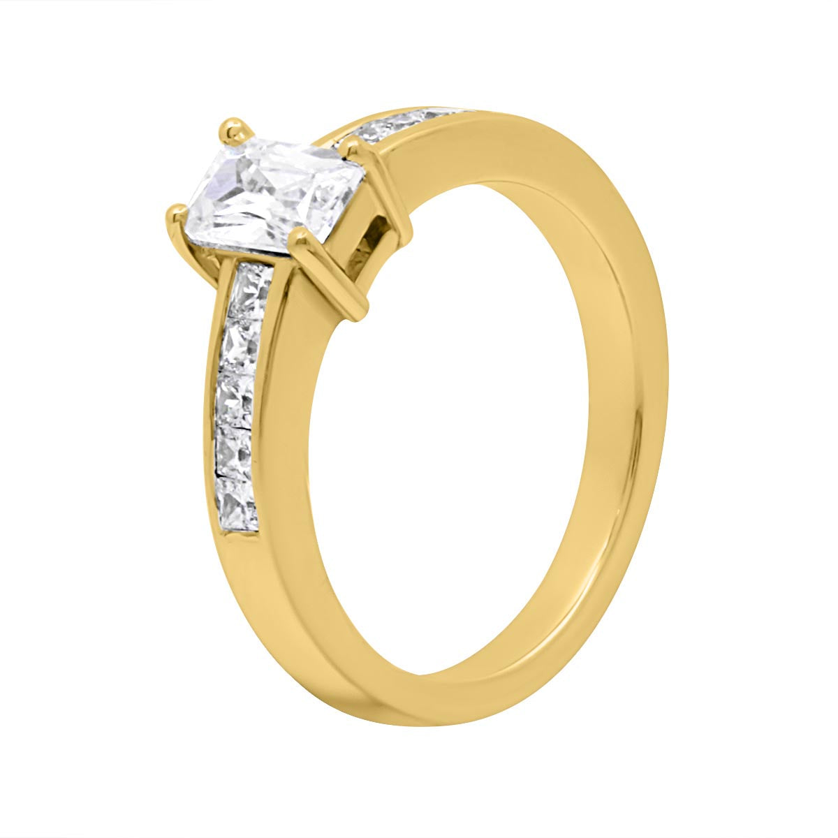 Radiant Cut Engagement Ring in yellow gold angled diagonal 