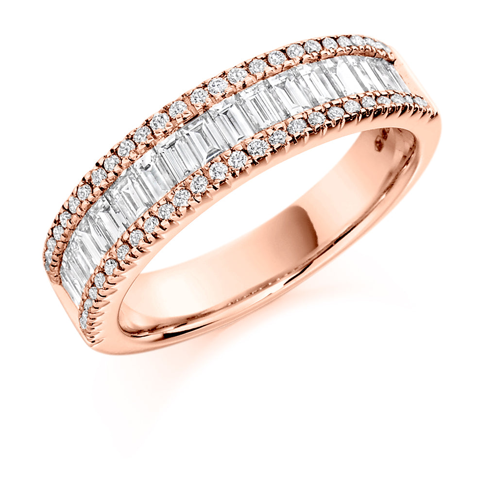 Right Hand Ring With Claw Set Rounds And Channel Set Baguettes set in rose gold