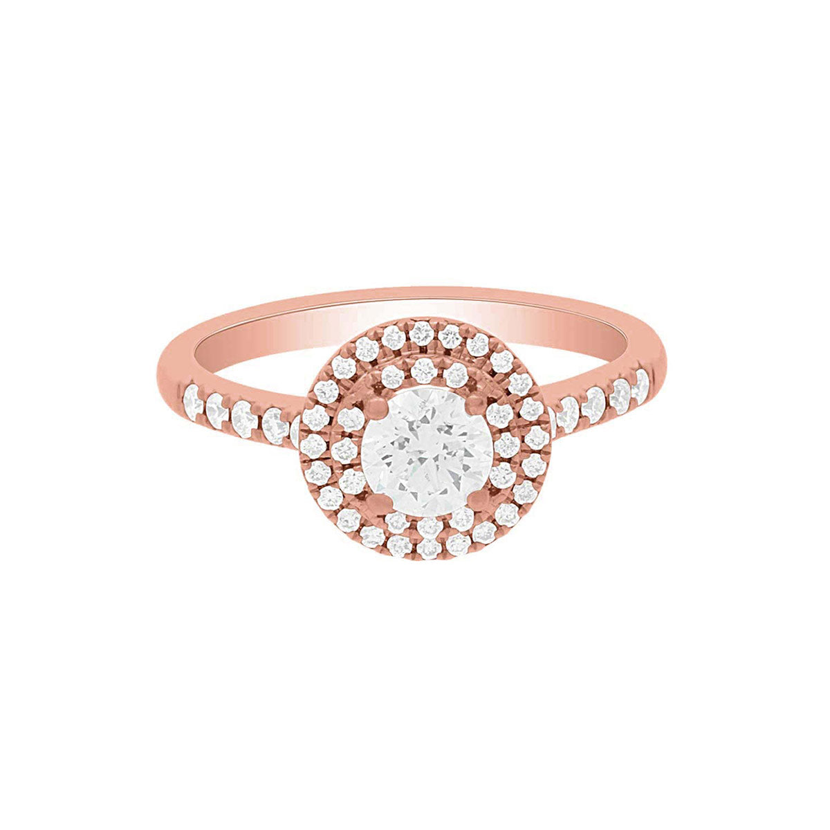 Double Halo Round Cut Diamond Engagement Ring with Rose Gold Set Band - 'Solace Round'