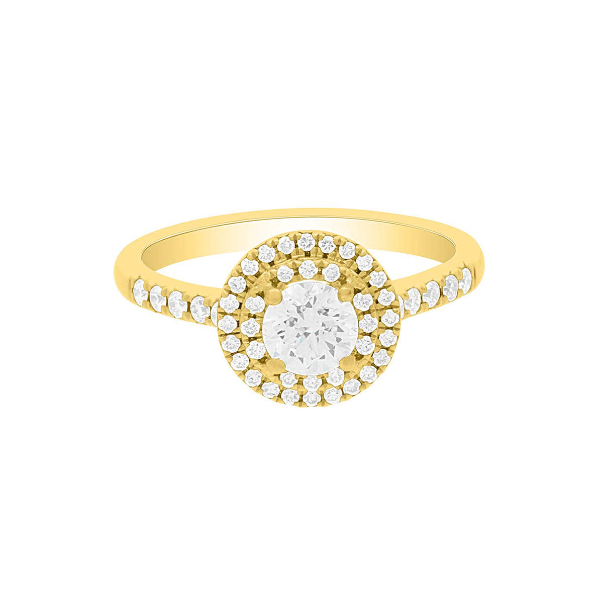 Round Double Halo Engagement Ring made of yellow gold and diamonds laying flat