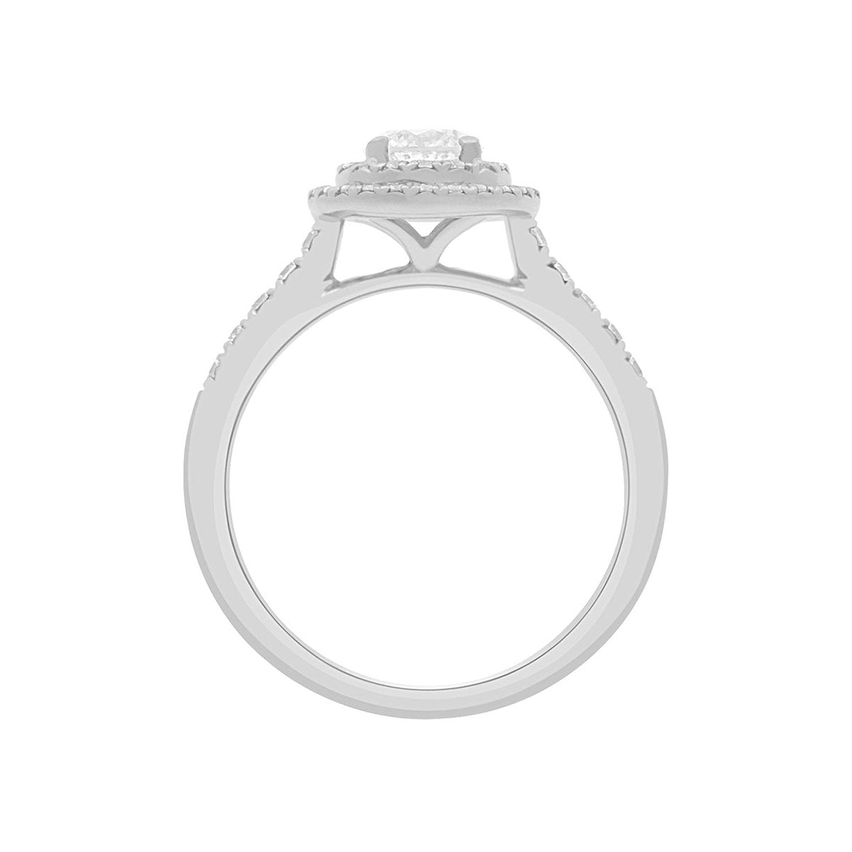 Round Double Halo Engagement Ring in white gold standing upright