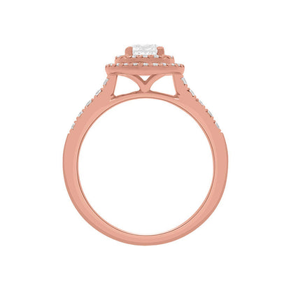 Round Double Halo Engagement Ring made of rose gold and diamonds standing vertical