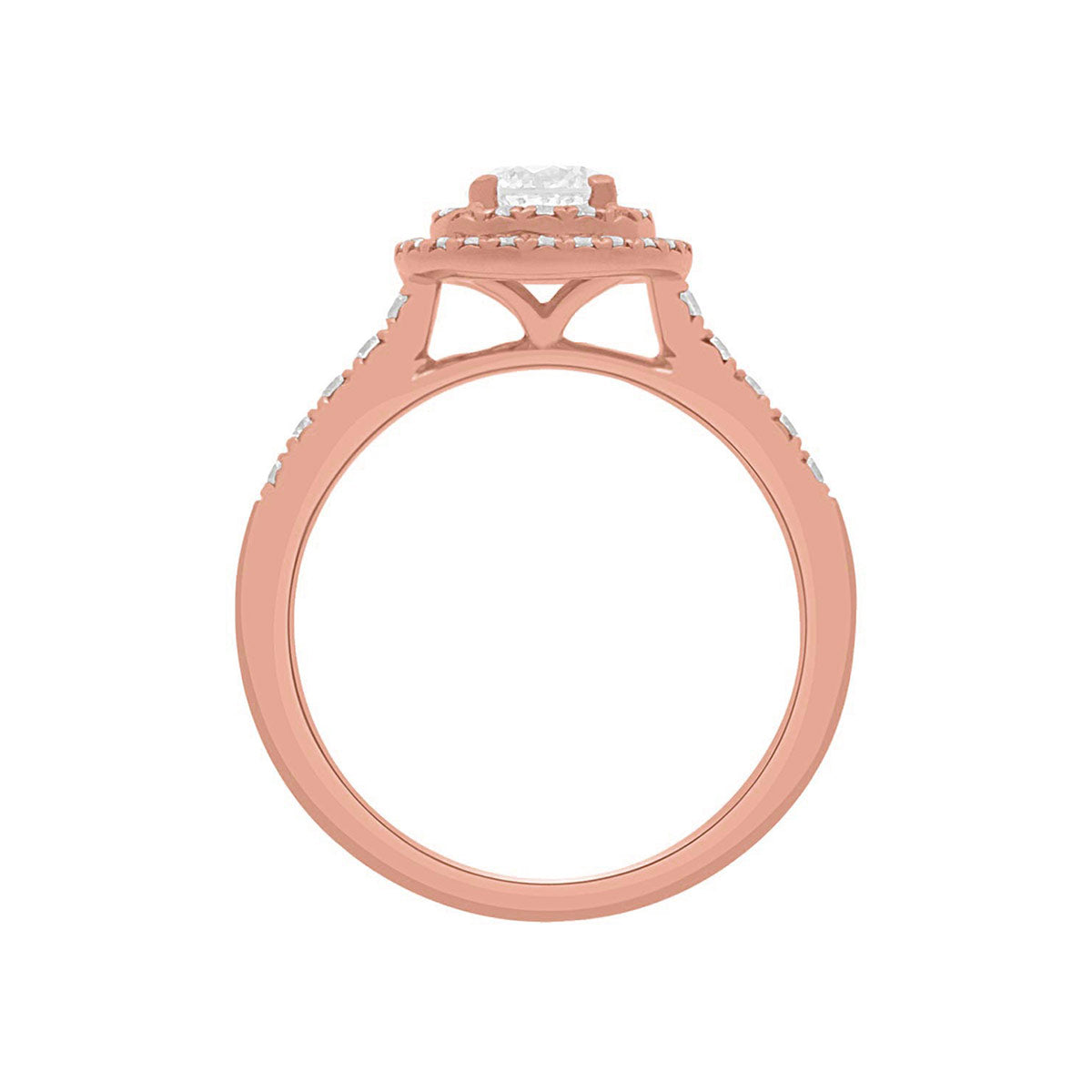 Round Double Halo Engagement Ring made of rose gold and diamonds standing vertical