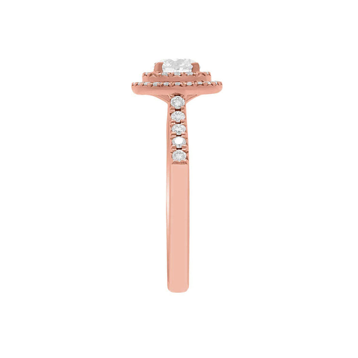 Round Double Halo Engagement Ring made of rose gold and diamonds standing vertical on a side view