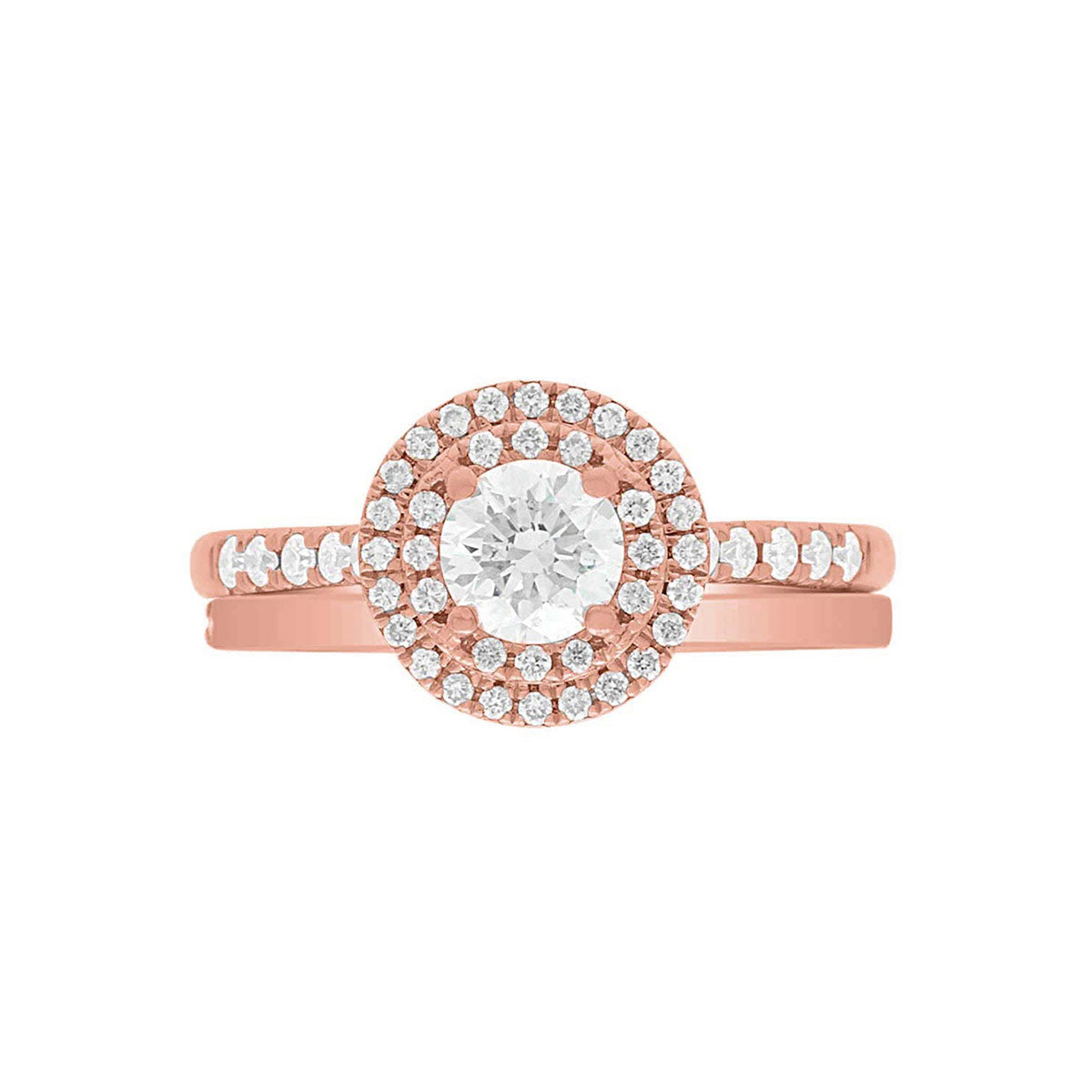 Round Double Halo Engagement Ring made of rose gold and diamonds, laying flat with a matching plain wedding ring