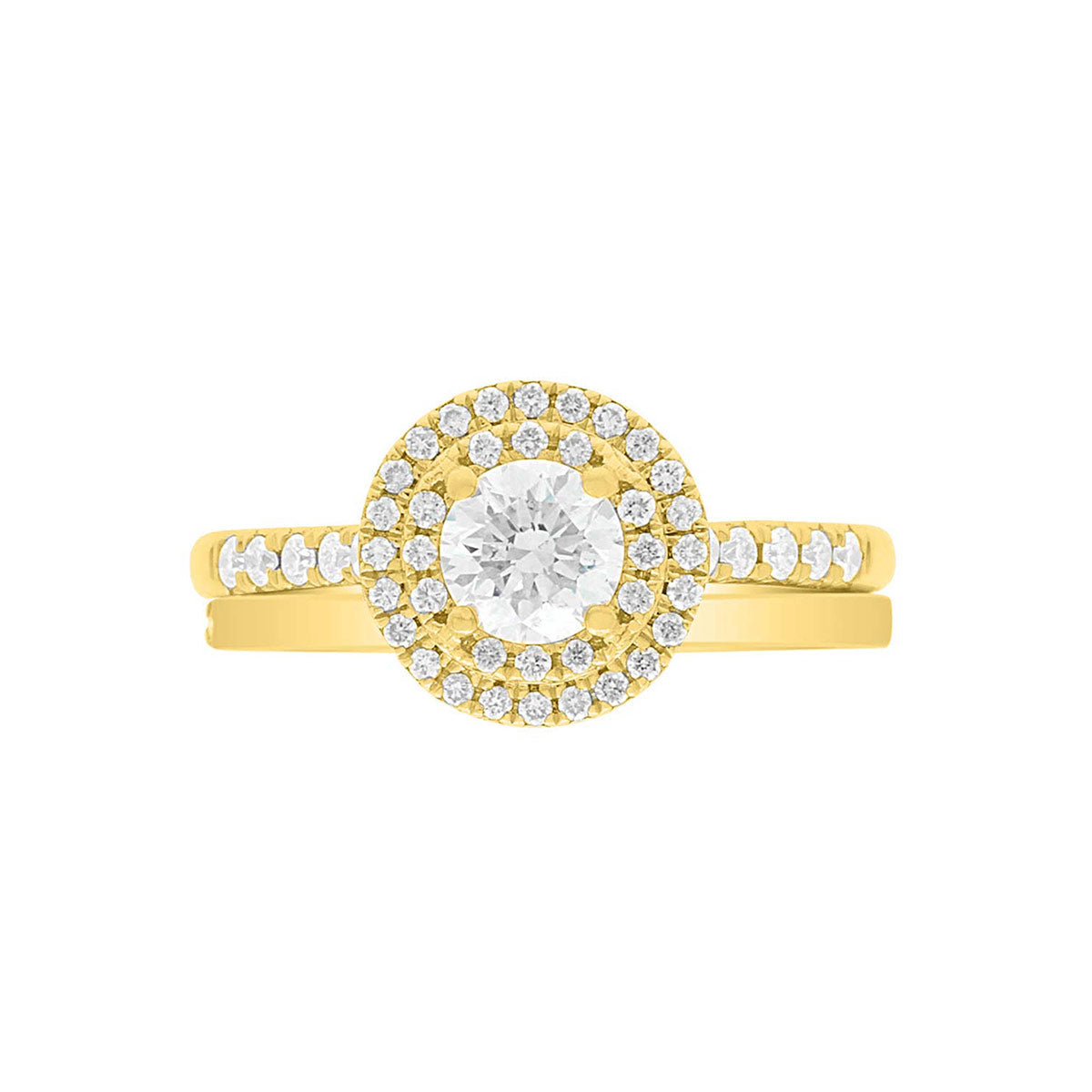 Round Double Halo Engagement Ring made of yellow gold and diamonds laying flat with a matching plain wedding ring