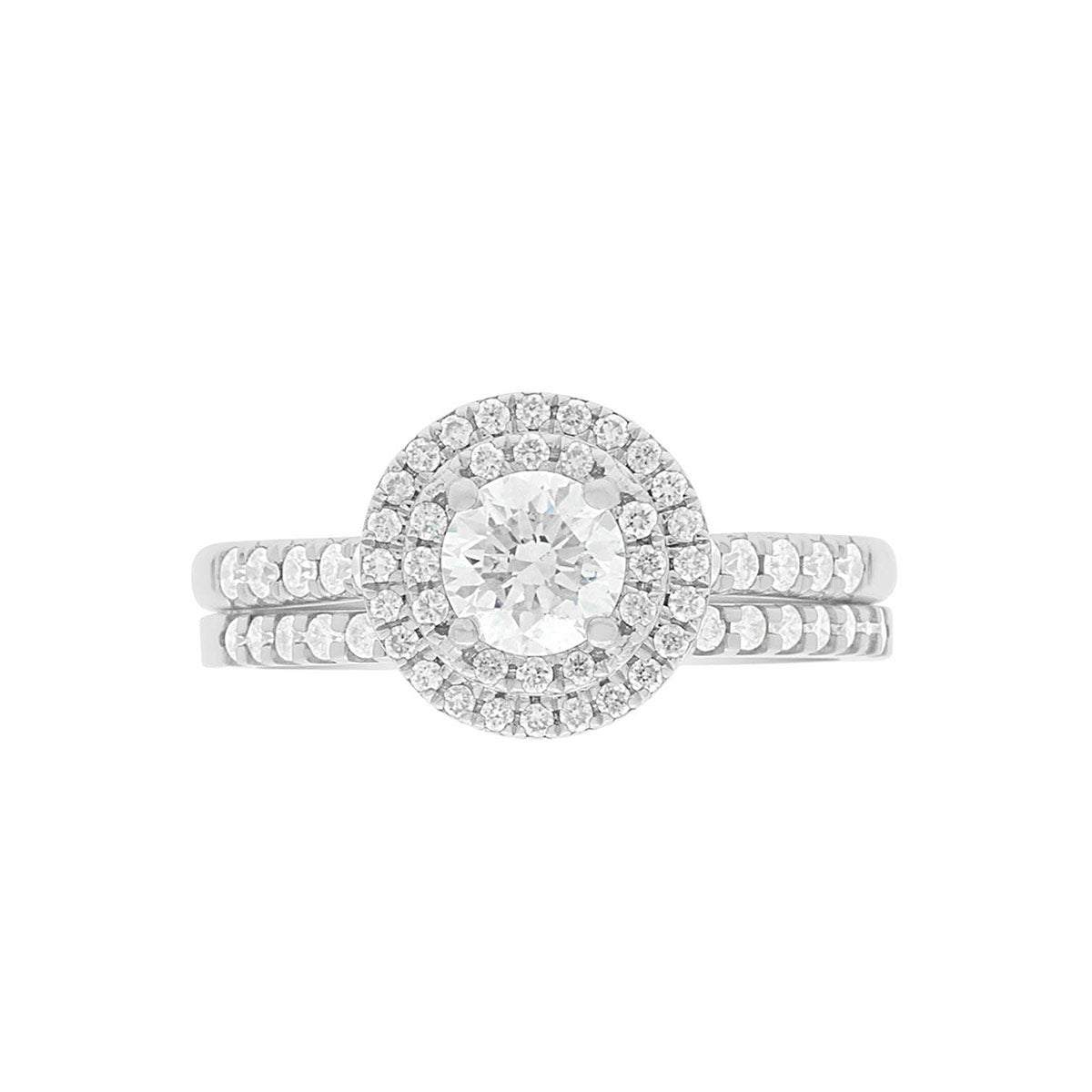 Double Halo Round Cut Diamond Engagement Ring with White Gold Set Band - 'Solace Round'