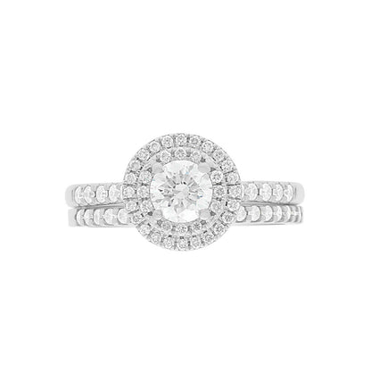 Round Double Halo Engagement Ring laying flat with a matching diamond wedding ring