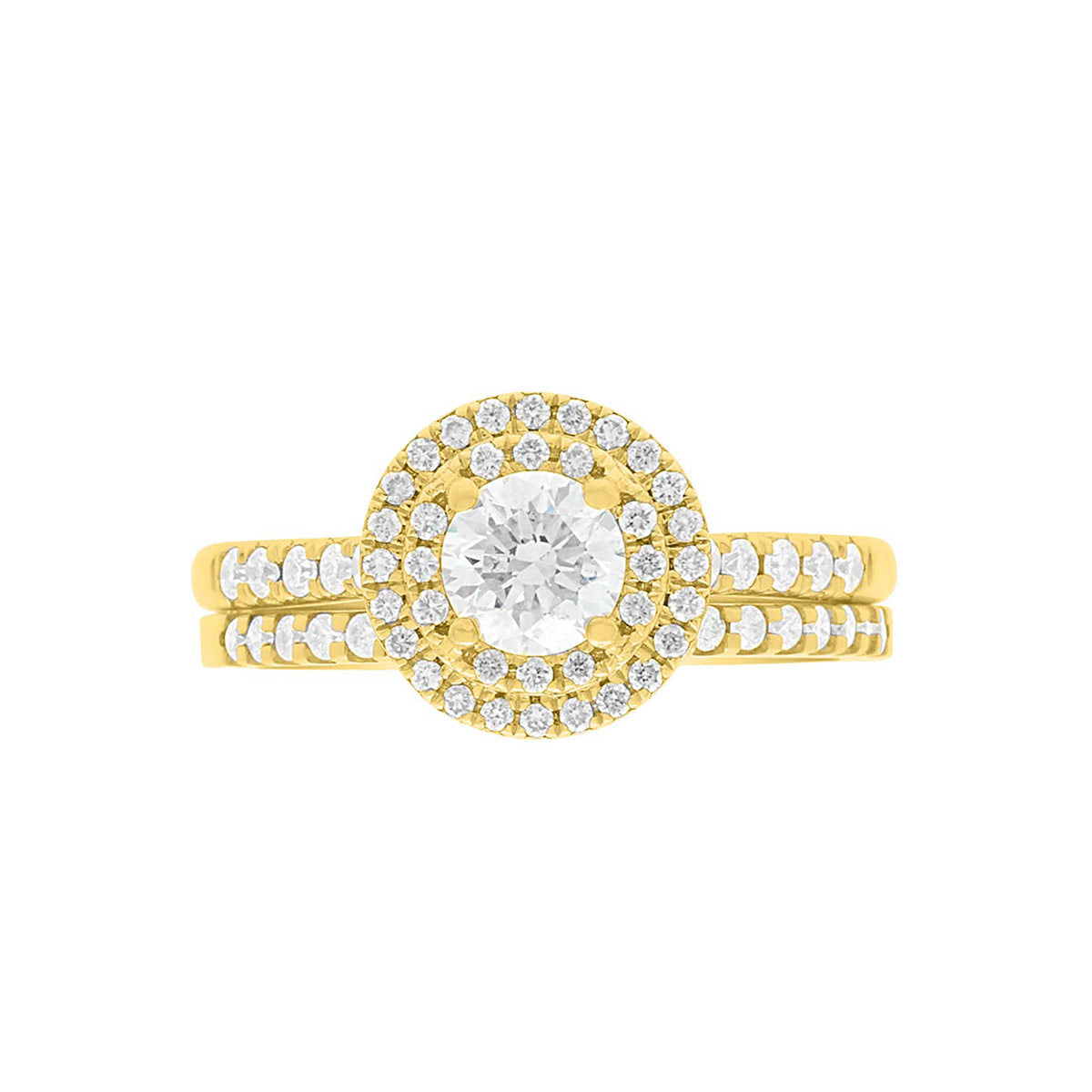 Round Double Halo Engagement Ring made of yellow gold and diamonds, laying flat with a matching diamond wedding ring