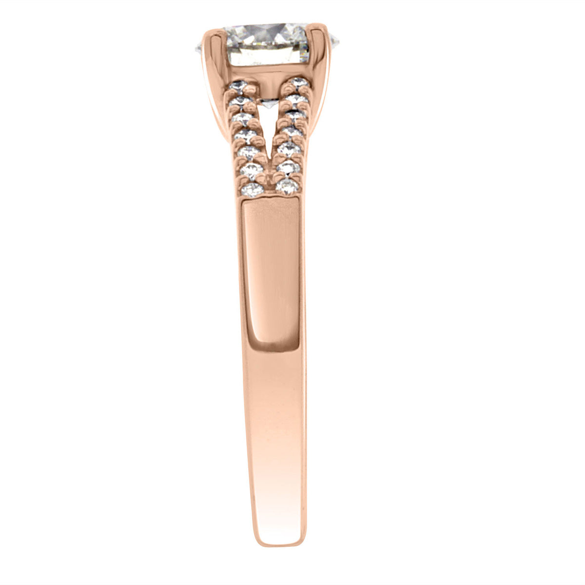 Round Diamond With Split Band made from rose gold standing upright and in end view