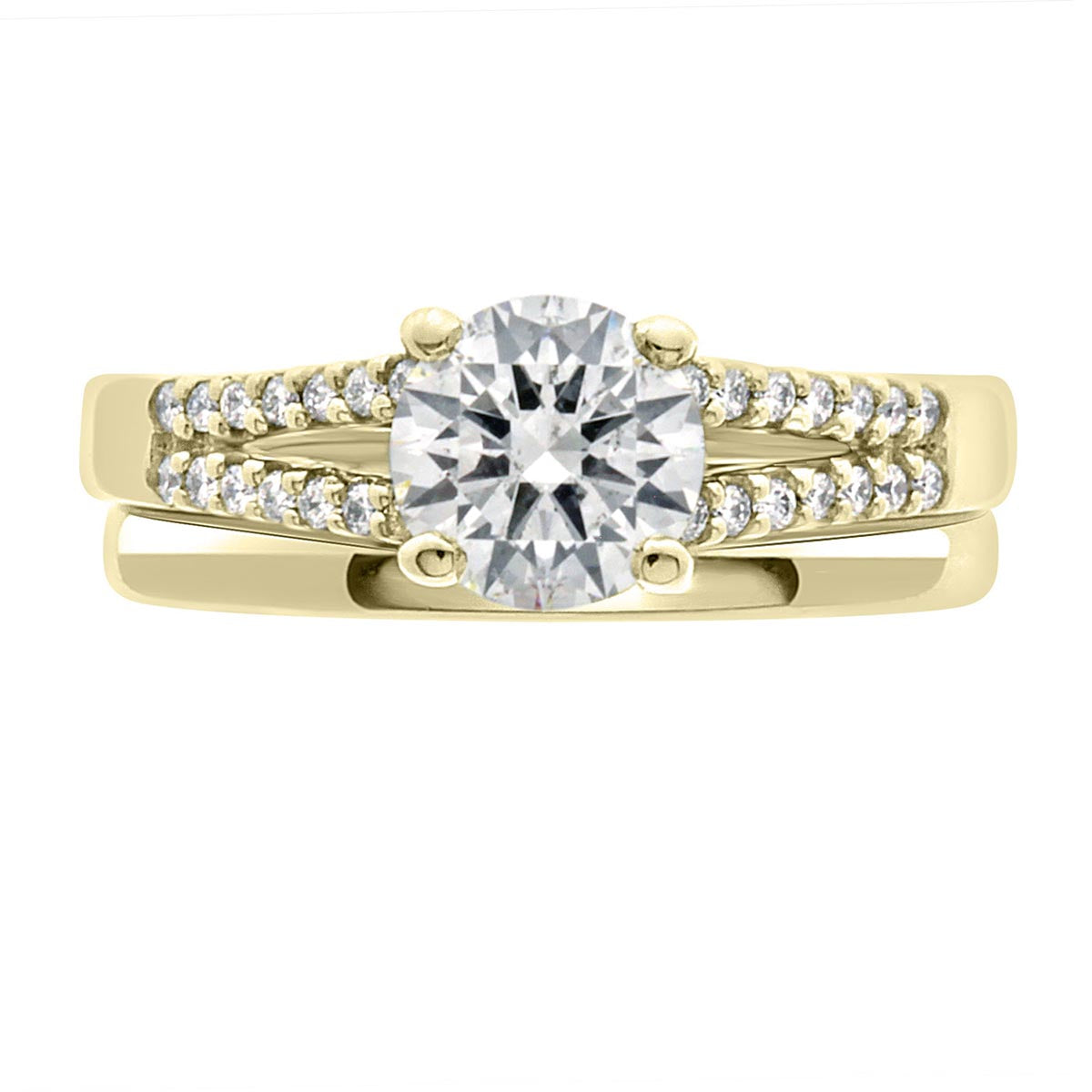 Round Diamond With Split Band made from yellow gold with a plain wedding ring