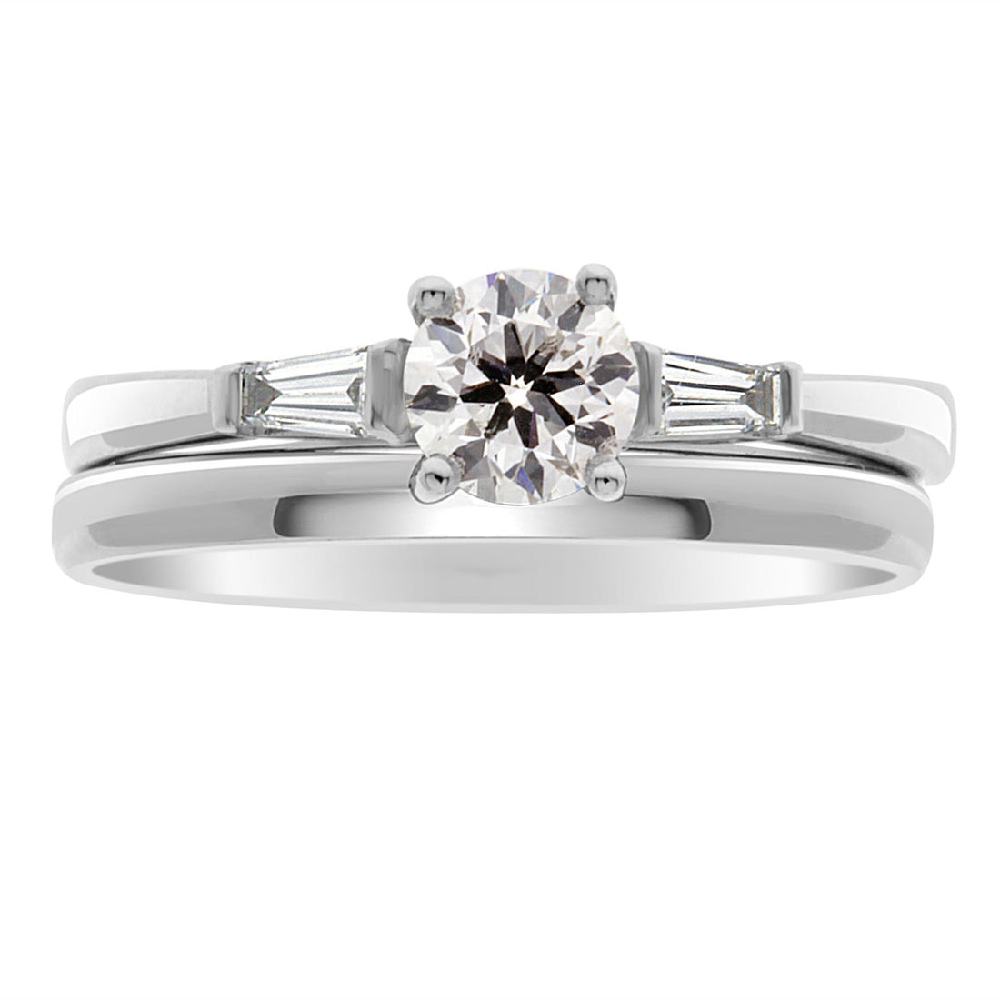 Round Solitaire With Tapered Baguettes made from white with a plain wedding ring