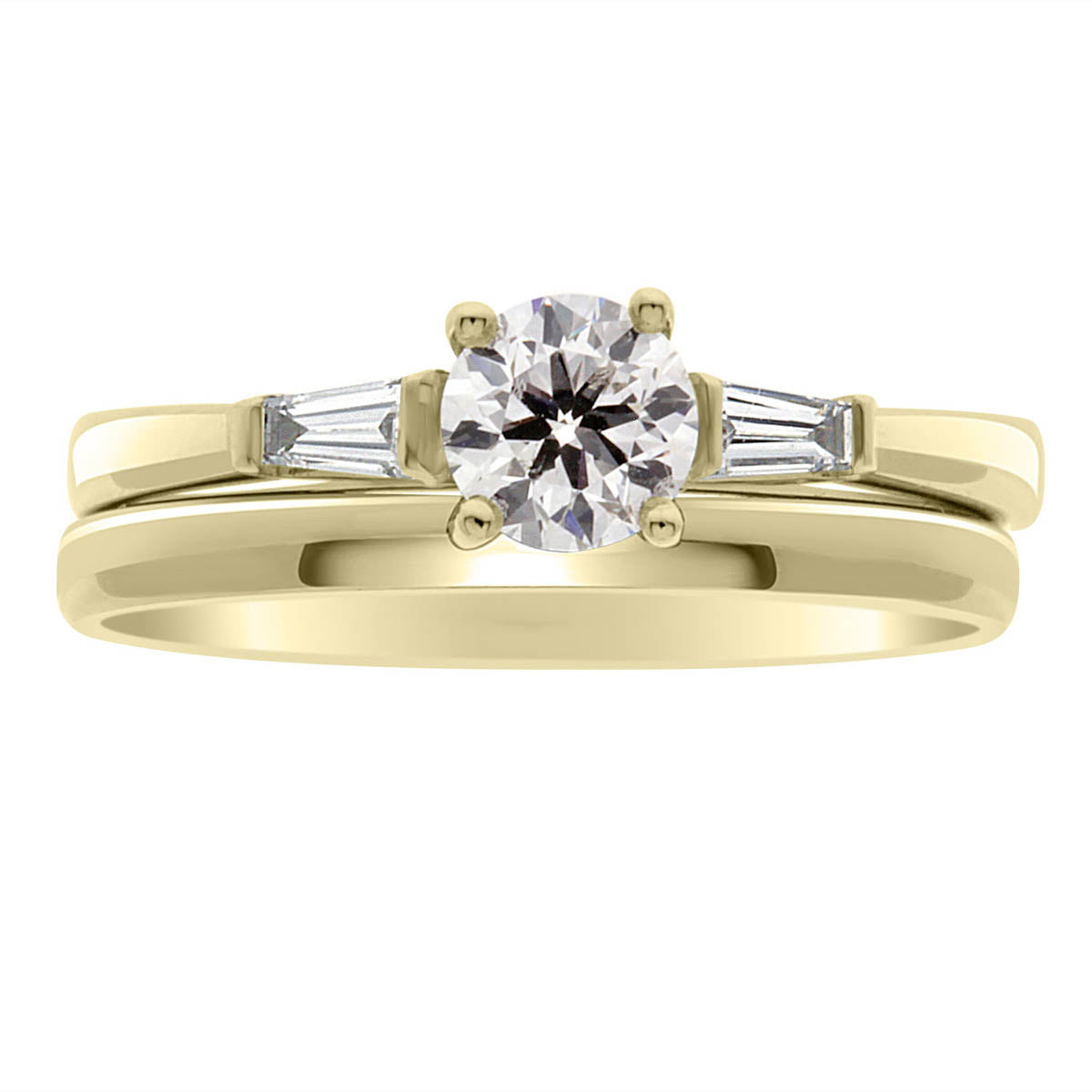 Round Solitaire With Tapered Baguettes made from yellow gold with a plain wedding band