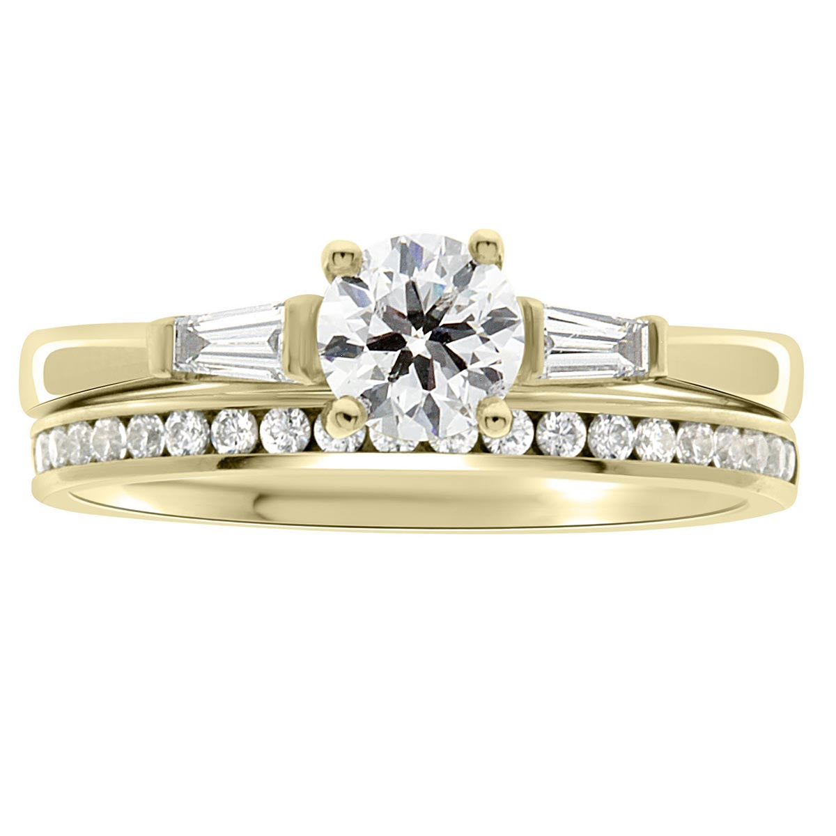 Round Solitaire With Tapered Baguettes made from yellow gold with a diamond wedding band
