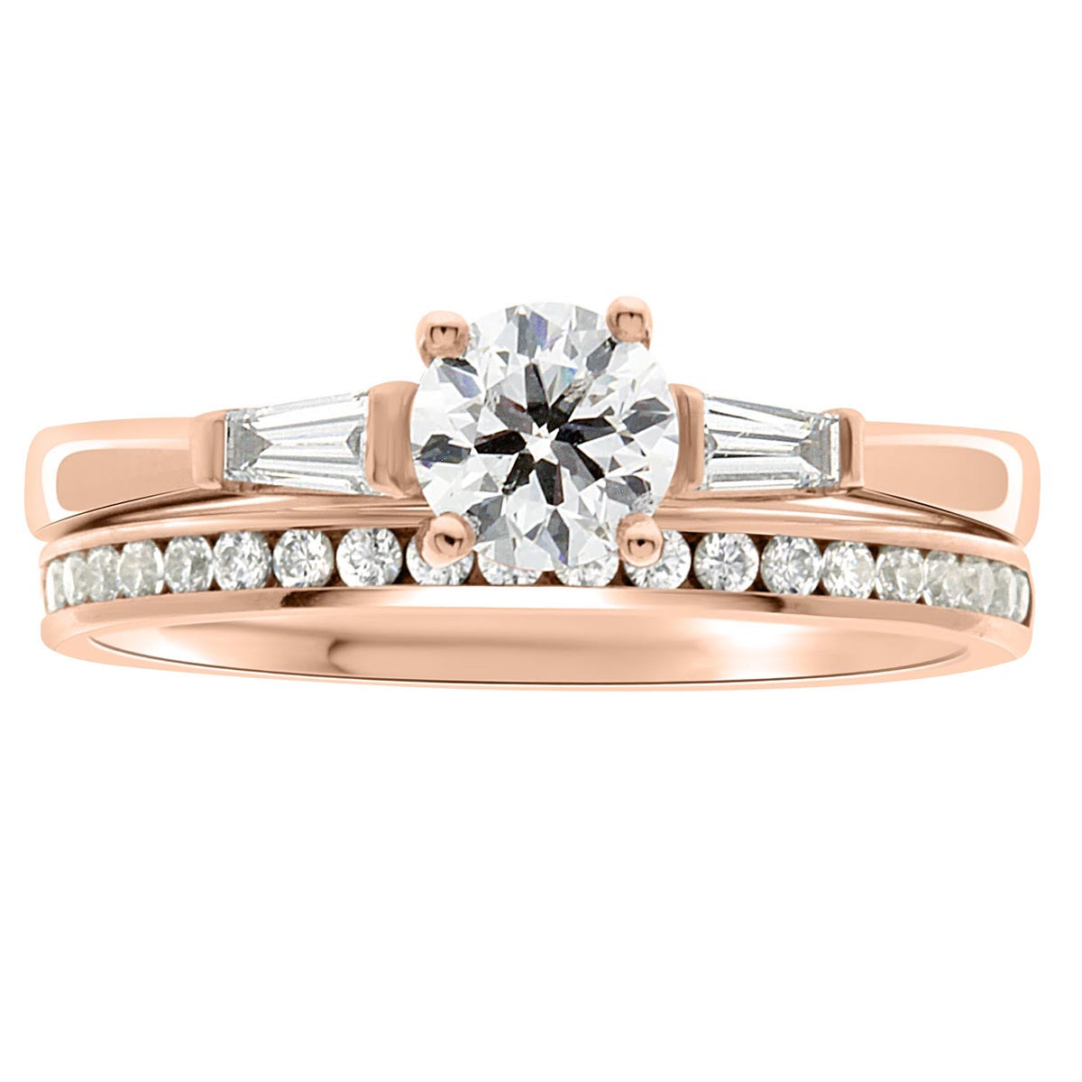 Round Solitaire With Tapered Baguettes made from rose gold with a diamond wedding ring