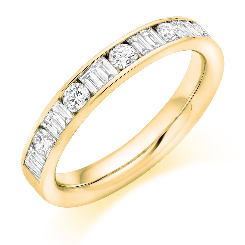 Round and Baguette Cut Eternity Ring In yellow gold