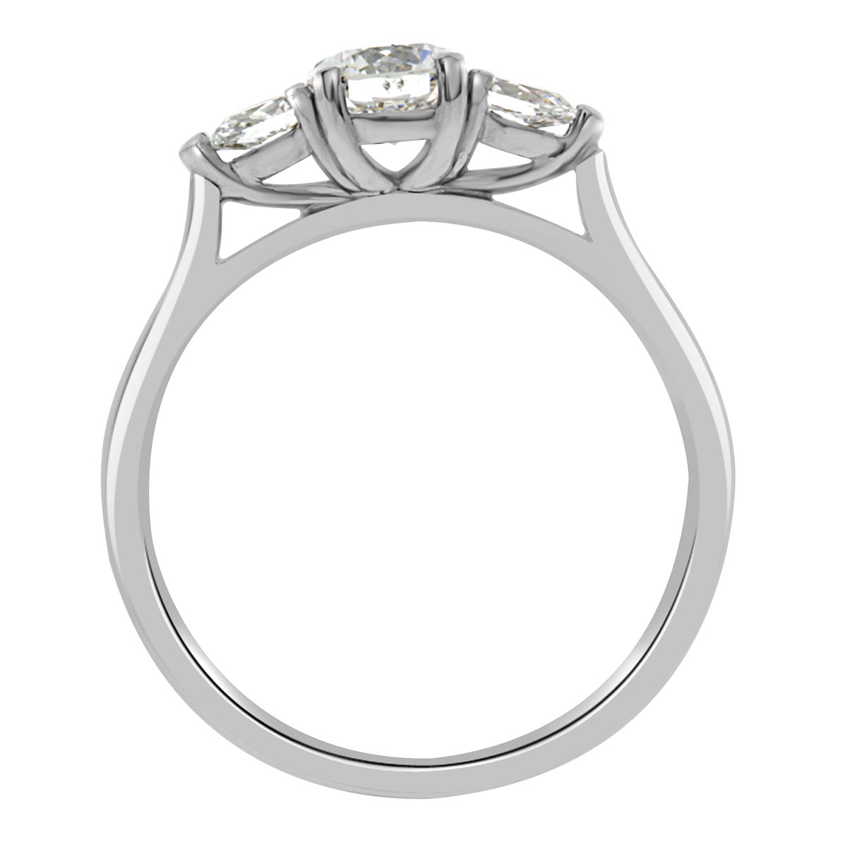 Round and Pear Diamond Ring in white gold standing upright
