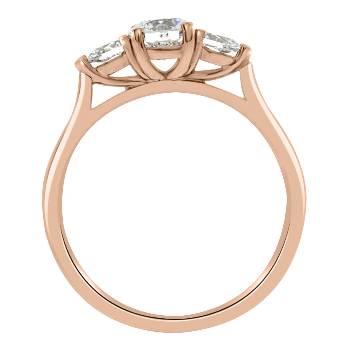 Round and Pear Diamond Ring in rose gold standing upright