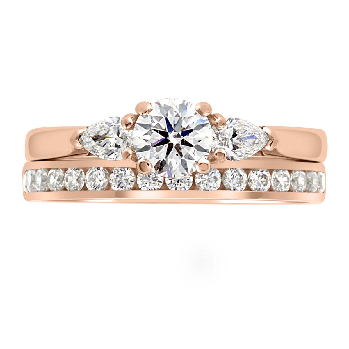 Round and Pear Diamond Ring in rose gold with a diamond wedding ring