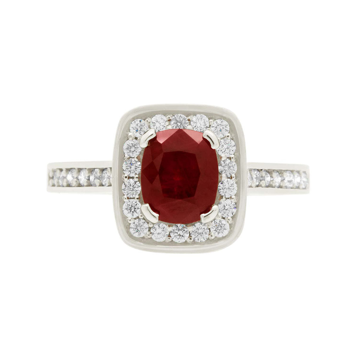 Cushion Cut Ruby Diamond Halo Engagement Ring with Platinum Diamond Pave Band - 'Vivian Ruby'