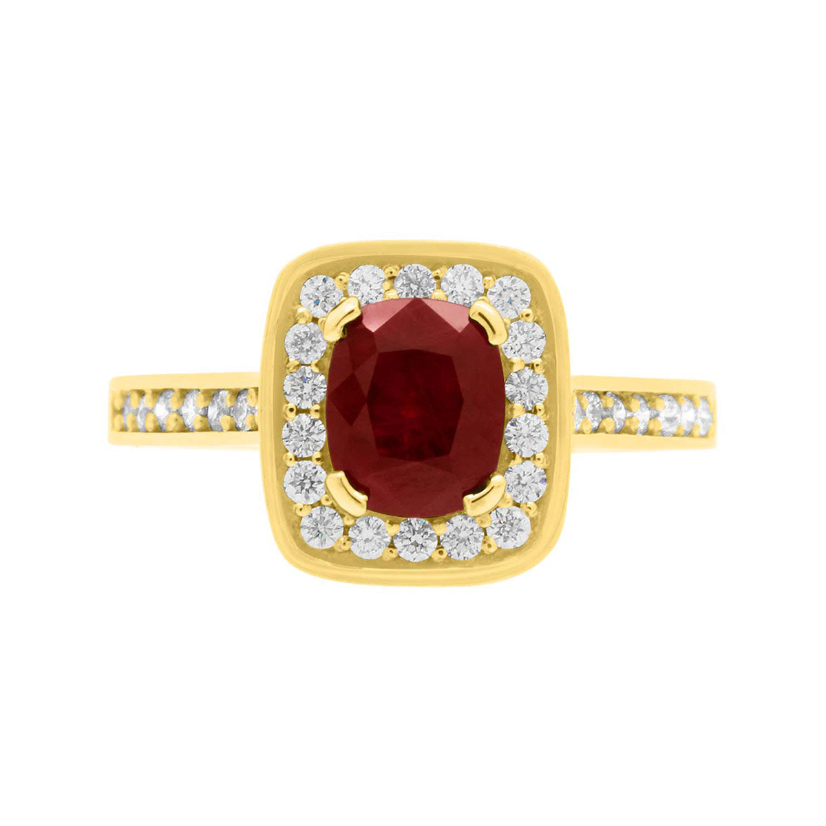 Cushion Cut Ruby Diamond Halo Engagement Ring with Yellow Gold Diamond Pave Band - 'Vivian Ruby'