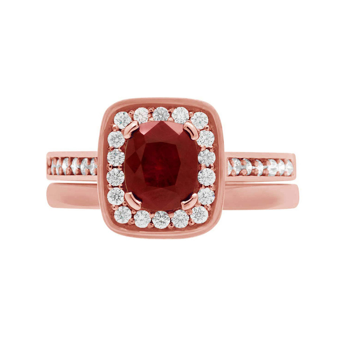 Cushion Cut Ruby Diamond Halo Engagement Ring with Rose Gold Diamond Pave Band - 'Vivian Ruby'