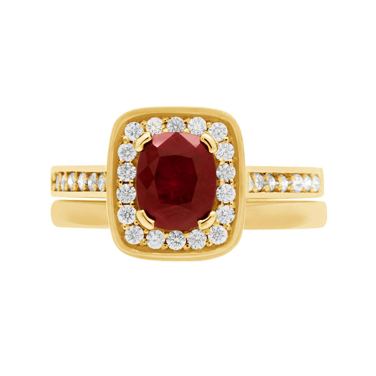 Cushion Cut Ruby Diamond Halo Engagement Ring with Yellow Gold Diamond Pave Band - 'Vivian Ruby'